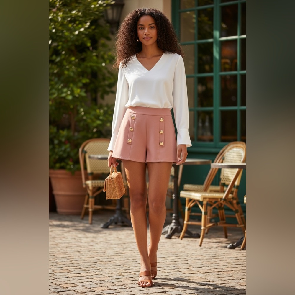 Shein Elegant Pink Faux Button Women Shorts